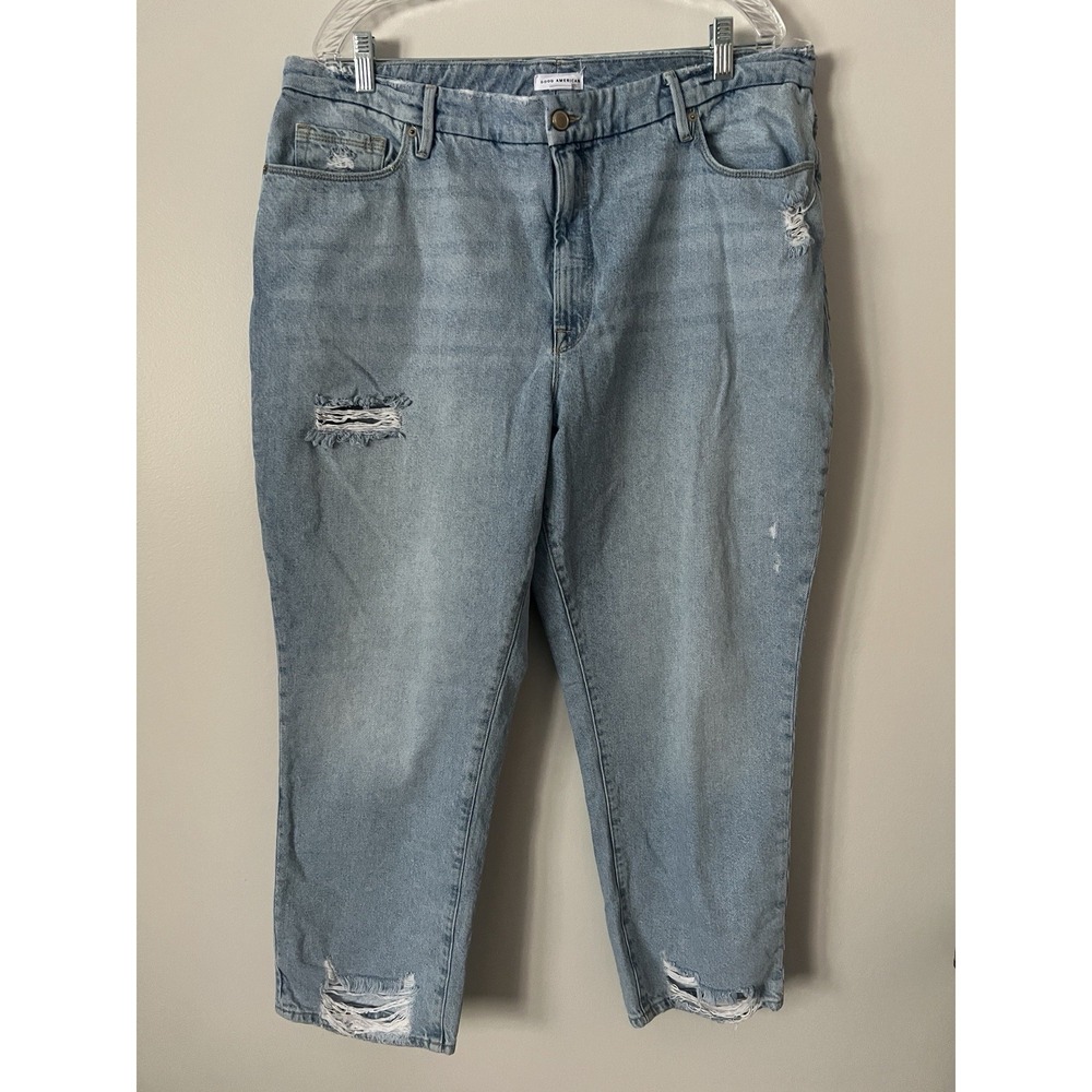 Good American Blue Good Boy GB050T Distressed Straight Denim Jeans Womens Sz 16